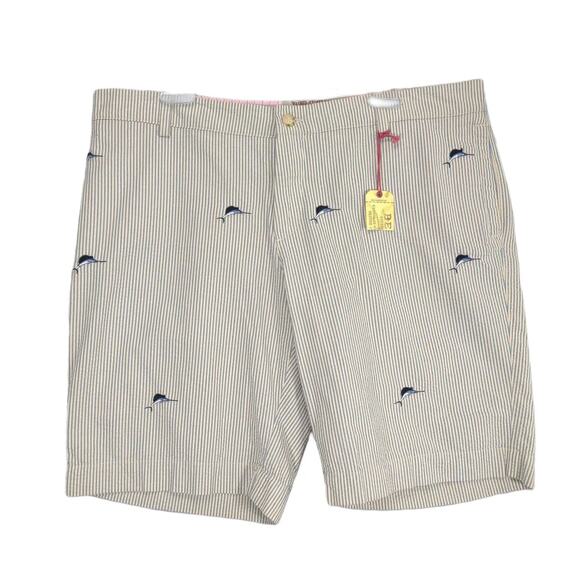 Berle Pants - Berle Mfg Co Women's 16 Sailfish Embroidered Seersucker Shorts Vintage Stonewash